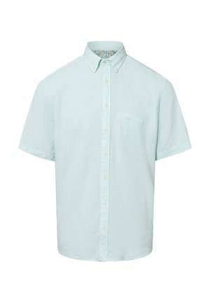 Camicia button-up a maniche corte verde menta chiaro, con tessuto testurizzato, una tasca sul petto e una fodera del colletto a stampa floreale a contrasto.