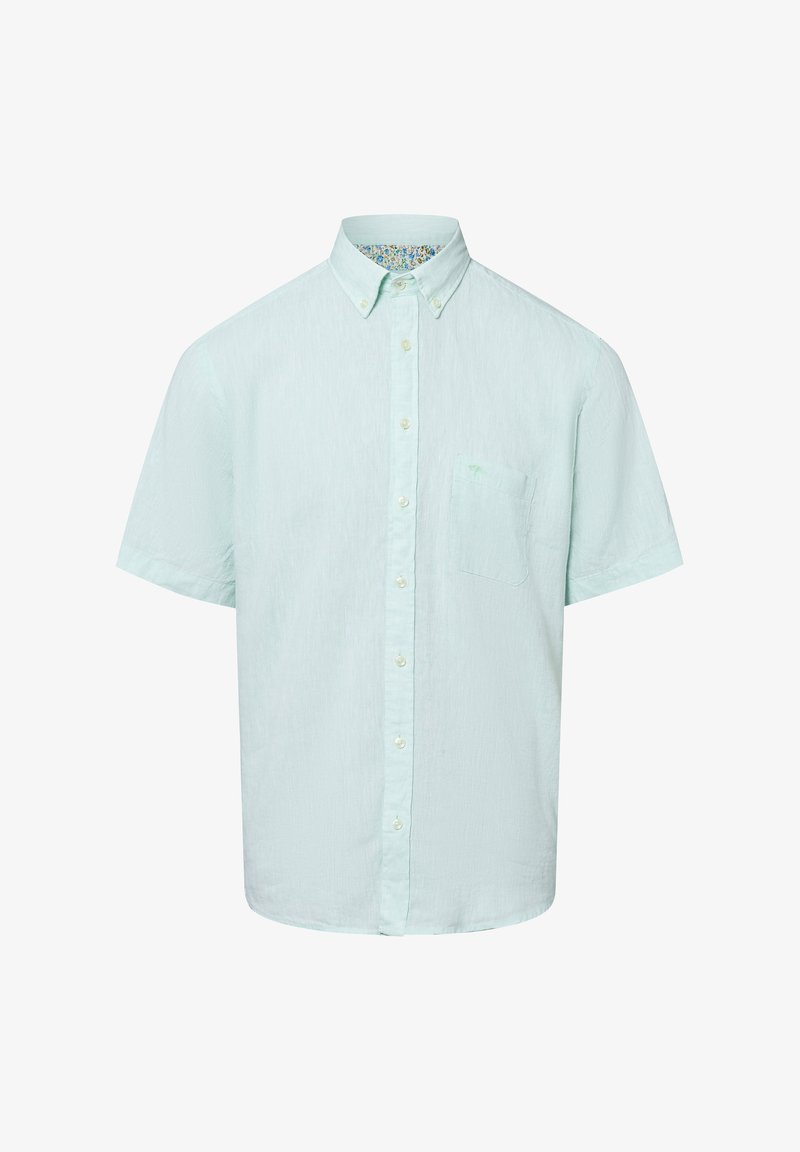 Camicia button-up a maniche corte verde menta chiaro, con tessuto testurizzato, una tasca sul petto e una fodera del colletto a stampa floreale a contrasto.