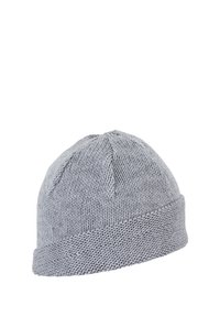 Gray knitted beanie hat with a round crown, folded brim, ribbed texture, and a smooth finish, suitable for casual wear.