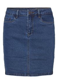 Blå denimkjol med framknapp och blixtlås, bältesloopar och framfickor, med synliga sömdetaljer.