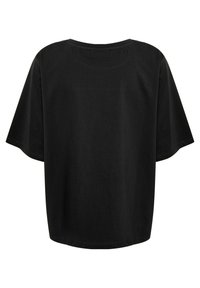 Sort, løstsiddende kortærmet skjorte med rund halsudskæring og en glat tekstur. Bagfra ses et simpelt design uden udsmykninger.