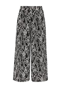 Schwarz-weiße Hose mit Paisleymuster, elastischem Bund, weitem Bein und strukturiertem Stoff.