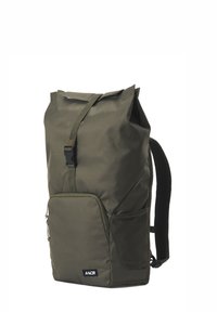 Olive green backpack made of durable fabric, featuring a roll-top design, adjustable straps, front pocket, and a mesh side pocket.