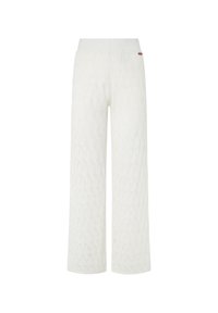 Pantalones de pierna ancha en blanco, con un patrón texturizado de pequeños triángulos, cintura elástica y un ligero brillo en la tela.
