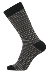 Sort sok med tynde, farverige striber i grå og oliven grøn. Forstærkede hæl- og tåområder, ribbet manchet øverst.