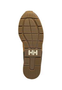 Bruine rubberen zool met gestructureerde grippatronen, voorzien van een contrasterend wit "HH"-logo en een stevige constructie voor duurzaamheid.