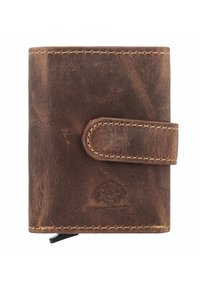 Bruine leren portemonnee met een gestructureerde afwerking, beveiligd met een riem, met stikseldetails en een geperst boomlogo aan de voorkant.