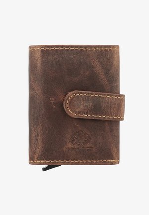 Brown leather wallet with a textured finish, secured by a strap, featuring stitching details and an embossed tree logo on the front.