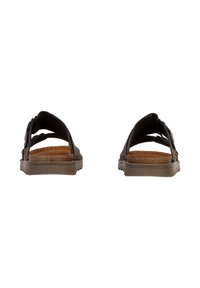 Sandalias negras de punta abierta hechas de material sintético, con correas ajustables, plantilla ligeramente texturizada y suela de goma para mayor tracción.