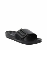 Sandalo slides nero con una fascia larga, un grande sottopiede rettangolare e una soletta testurizzata. Realizzato in materiale gommoso flessibile.