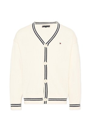 Cardigan bianco con rifinitura a righe nere su colletto, polsini e orlo, quattro bottoni sul davanti e piccolo logo sul petto sinistro.