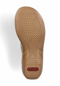 Schuhsohle mit einer strukturierten GummOberfläche, Wabenmuster und einem roten Logo. Größe ist mit 37 gekennzeichnet. Die Farbe ist überwiegend hellbraun.