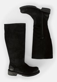 Bottes noires en suede synthétique, à hauteur de genou, avec un bout rond, une fermeture éclair sur le côté et un petit talon empilé. Présentent une texture lisse et des accents minimes.