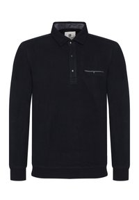 Pullover nero con colletto e patta con tre bottoni. Presenta una tasca sul petto con un accento a strisce. Tessuto morbido e testurizzato con polsini a costine.