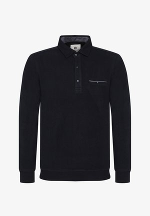 Mustast pulloverist on kaelus ja kolme nupuga nööpauk. Omab rinnataskut ribaaktsendiga. Pehme, tekstuuriga kangas ribakääridega.