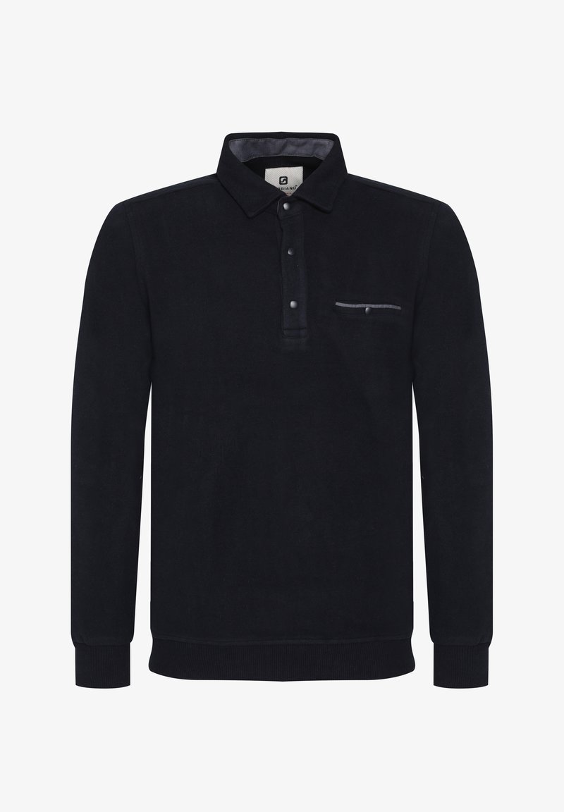 Schwarzer Pullover mit Kragen und einer Drei-Knopf-Leiste. Verfügt über eine Brusttasche mit einem gestreiften Akzent. Weiches, strukturiertes Material mit gerippten Bündchen.