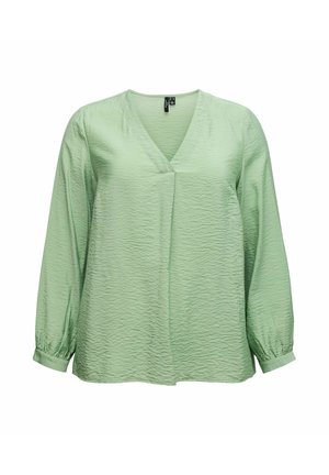 Jasnozielona, lekka bluzka z dekoltem w serek, długimi rękawami i pomarszczoną fakturą. Posiada elastyczne mankiety i luźny krój.