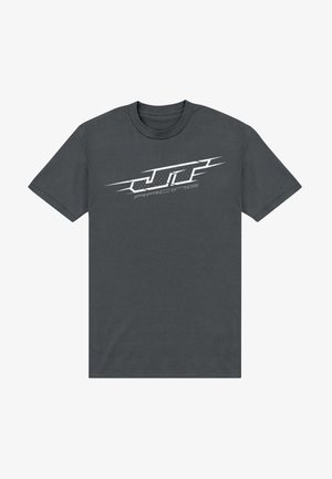 Dunkelgraues Baumwoll-T-Shirt mit einem weißen "JLF Racing"-Logo mit dynamischen Linien, das über die Brust platziert ist. Kurze Ärmel und Rundhalsausschnitt.