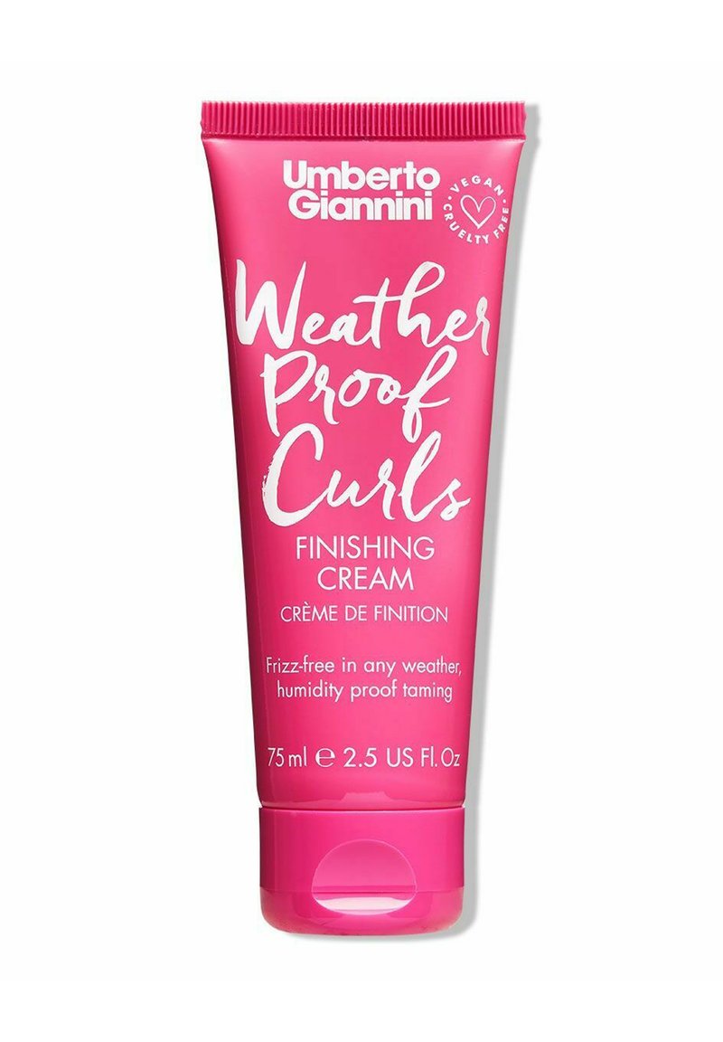 Pink squeeze tube of Umberto Giannini Weather Proof Curls Finishing Cream, 75 ml. Features white text and a glossy finish, designed for frizz control.