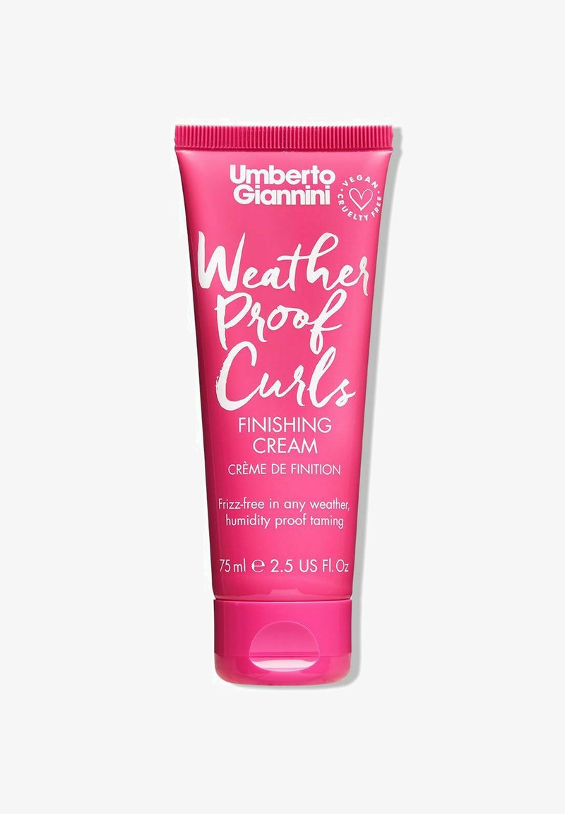 Pink squeeze tube of Umberto Giannini Weather Proof Curls Finishing Cream, 75 ml. Features white text and a glossy finish, designed for frizz control.