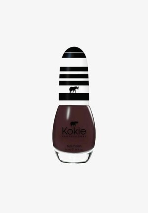 Flaske med mørkebrun neglelak med sort og hvidt stribet låg og lille elefantlogo på både låg og flaske.