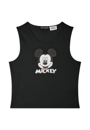 Top corto sin mangas negro con una cara sonriente de Mickey Mouse y el texto "MICKEY" en letras blancas en la parte delantera.