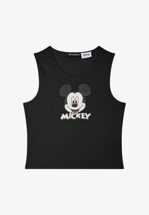 Cropped top senza maniche nero con il volto sorridente di Topolino e il testo "MICKEY" in lettere bianche sulla parte anteriore.