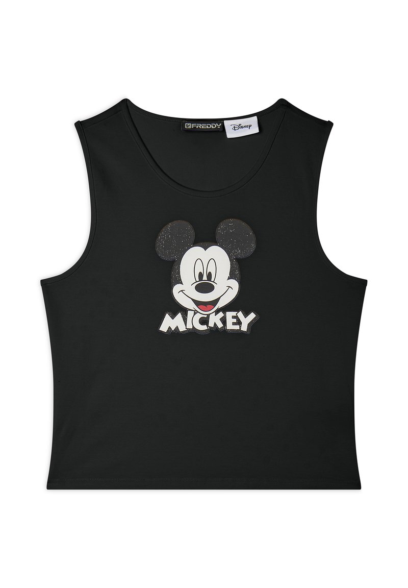 Cropped top senza maniche nero con il volto sorridente di Topolino e il testo "MICKEY" in lettere bianche sulla parte anteriore.