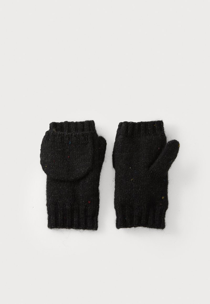 Schwarze gestrickte fingerlose Handschuhe mit einem gerippten Bündchen. Sie haben eine Klappe über dem Bereich der Finger und mehrfarbige Punkte im gesamten Stoff.