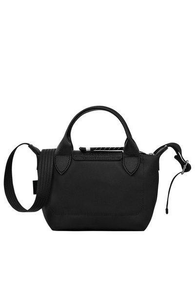 Schwarze Handtasche aus robustem Stoff, mit zwei Griffen, einem abnehmbaren Tragegurt und einem Reißverschluss. Glatte Textur mit dezenten Akzenten.