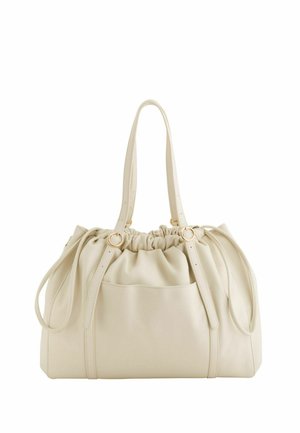 Handtasche aus cremefarbenem Leder mit gerafftem Oberteil, zwei verstellbaren Schulterriemen, vordere Tasche und goldfarbenen Ringakzenten.