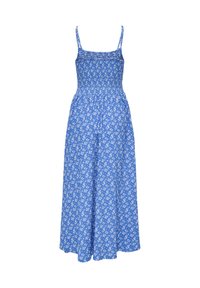 Robe d'été bleue sans manches avec petit motif floral blanc, corsage ajusté et jupe fluide mi-longue.