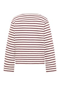 Langärmeliges Oberteil mit horizontalen gestreiften Muster in Burgunderrot und Weiß, gefertigt aus weichem Stoff, mit rundem Ausschnitt und verkürztem Schnitt.