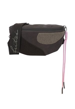 Brown crossbody bag with textured accents, zip closure, flat shape, adjustable strap, and pink drawstring detail. Features a mix of materials.