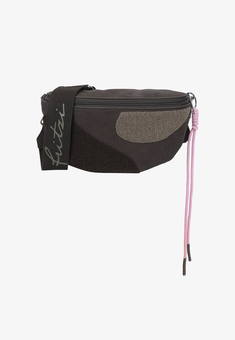 Brown crossbody bag with textured accents, zip closure, flat shape, adjustable strap, and pink drawstring detail. Features a mix of materials.