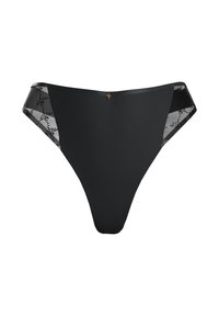 Black thong underwear featuring smooth textured front and lace side panels with floral pattern; finished with a small metal accent at the center.