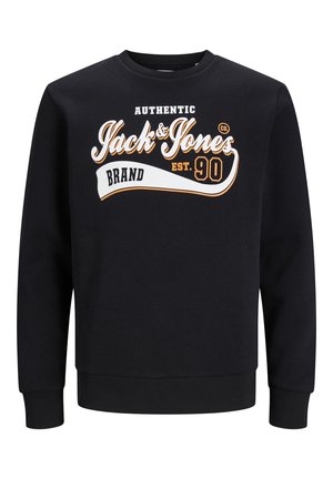 Zwarte crewneck trui met witte en oranje tekst "Authentic Jack & Jones Brand Est. 90" op de voorkant