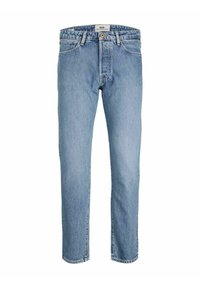 Hellblaue Jeans aus Denim mit geradem Bein, im Fünf-Taschen-Stil und mit Knopfverschluss. Hat eine verblasste Textur und einen klassischen Schnitt.