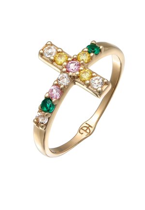 Gouden ring met een kruisontwerp, versierd met meerkleurige edelstenen: groen, geel, roze en doorzichtig, met een gladde gepolijste afwerking.