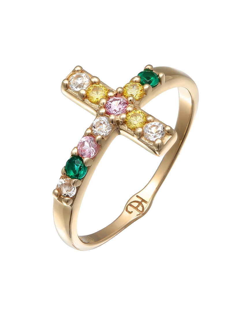 Bague en or avec un design en croix, ornée de pierres précieuses multicolores : vert, jaune, rose et transparent, avec une finition lisse et polie.
