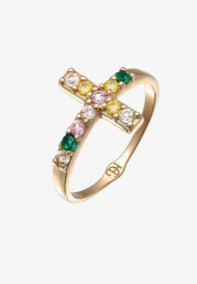 Gouden ring met een kruisontwerp, versierd met meerkleurige edelstenen: groen, geel, roze en doorzichtig, met een gladde gepolijste afwerking.