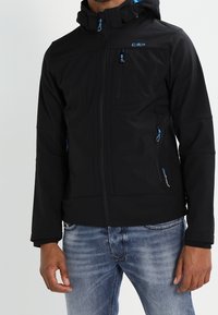 Black softshell jacket with hood, featuring blue zip accents, a front zipper, and two side pockets. Made from flexible, textured fabric.