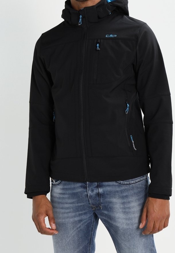 Black softshell jacket with hood, featuring blue zip accents, a front zipper, and two side pockets. Made from flexible, textured fabric.