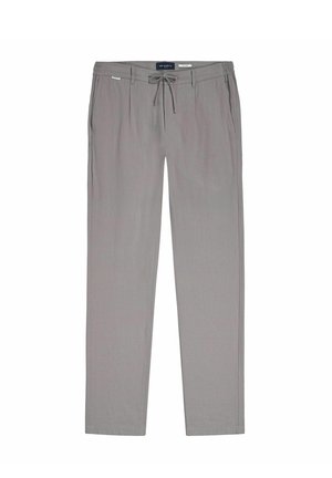 Lichtgrijze heren casual broek met trekkoord in de taille, zijzakken en rechte pijpen, plat neergelegd op een witte achtergrond.