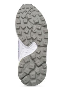 Gray rubber shoe sole with textured lugs for traction, featuring a white midsole and brand logo, designed for grip on various surfaces.