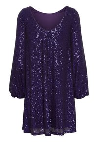 Robe à manches longues violette foncée avec un décolleté rond, couverte de sequins brillants, avec des manches légèrement bouffantes et une coupe ample.