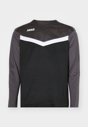 Langarm-Sportshirt in Schwarz und Dunkelgrau. Mit gemustertem oberen Rücken, weißen Akzenten und sportlichem Design. Logo auf der Schulter.