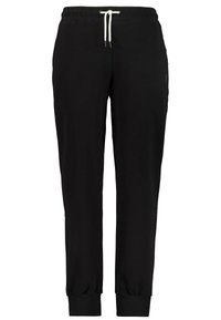 Zwarte sweatpants van zacht materiaal, met een elastische tailleband en een trekkoord, en aansluitende boorden bij de enkels. Minimalistisch ontwerp.