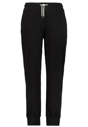 Schwarze Jogginghose aus weichem Stoff, mit elastischem Bund und Kordelzug sowie eng anliegenden Bündchen an den Knöcheln. Minimalistisches Design.