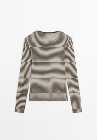 Maglietta a maniche lunghe con collo a girocollo, caratterizzata da sottili righe orizzontali nere e beige, mostrata piatta dal retro su uno sfondo bianco.
